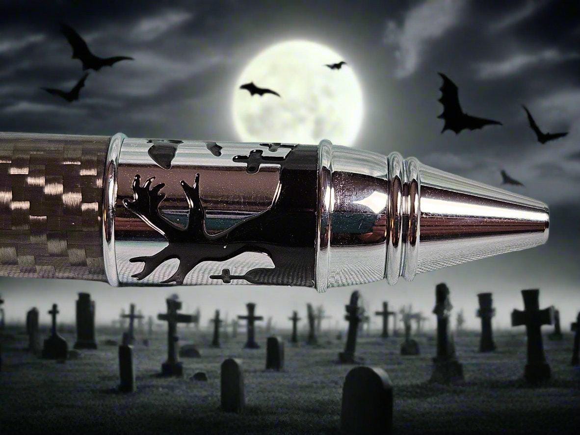 Haunted Halloween Carbon Fiber and Clear Resin Pen with a Chrome Halloween Pen Kit Featuring a Mummy, a Zombie, and a Jack-O-Lantern