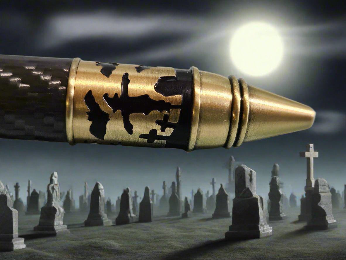 Haunted Halloween Carbon Fiber and Clear Resin Pen with an Antique Brass Halloween Pen Kit Featuring a Mummy, a Zombie, and a Jack-O-Lantern