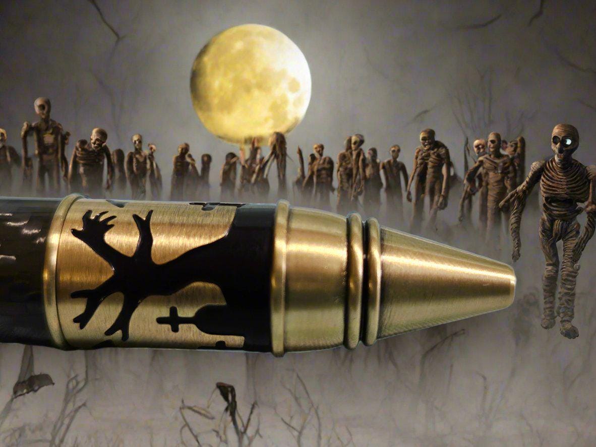 Haunted Halloween Carbon Fiber and Clear Resin Pen with an Antique Brass Halloween Pen Kit Featuring a Mummy, a Zombie, and a Jack-O-Lantern