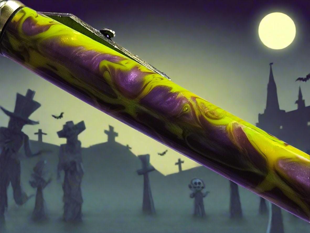 Haunted Halloween Yellow and Purple Resin Swirled Pen with a Gunmetal Halloween Pen Kit Featuring a Mummy, a Zombie, and a Jack-O-Lantern
