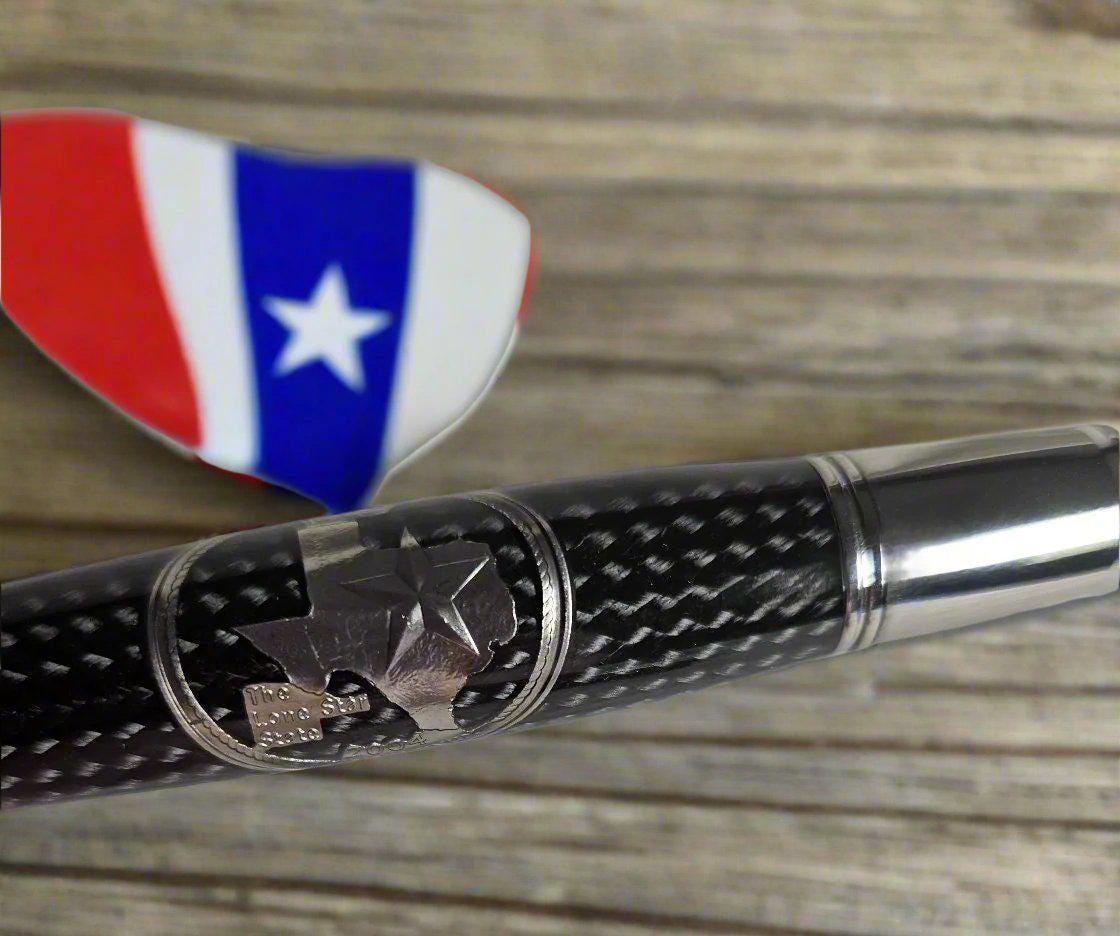 Texas Twist Black Carbon Fiber Sleeve Pen Proudly Displaying the Texas Star with a Chrome Pen Kit
