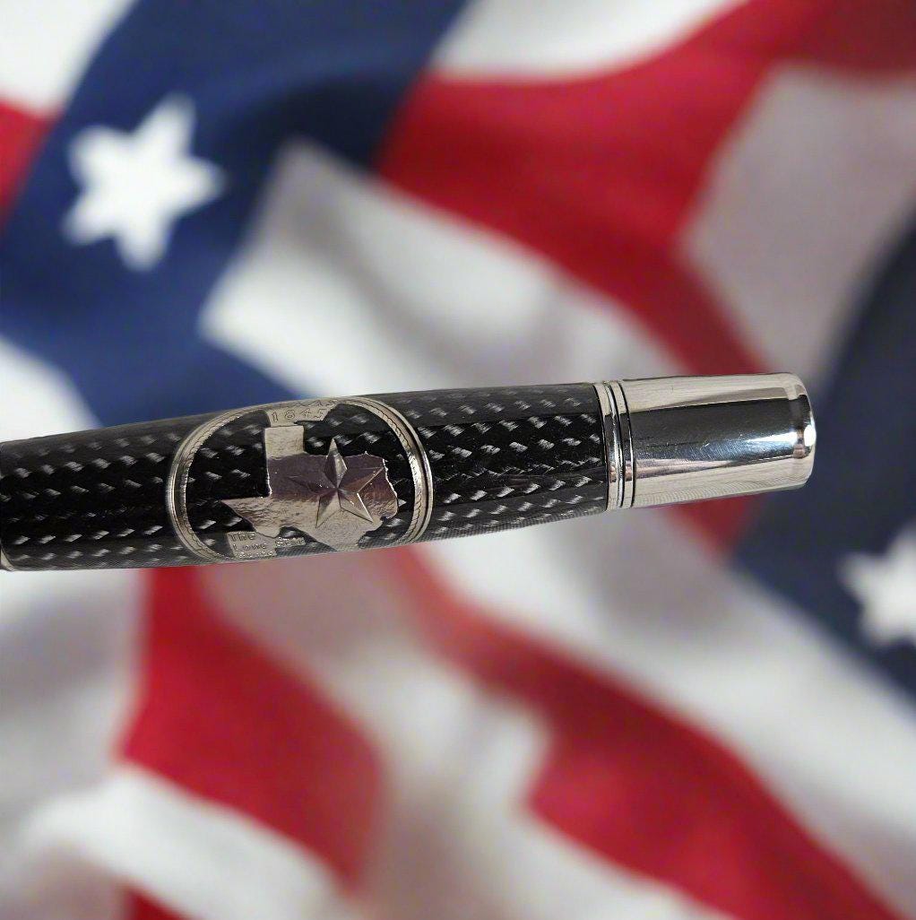 Texas Twist Black Carbon Fiber Sleeve Pen Proudly Displaying the Texas Star with a Chrome Pen Kit