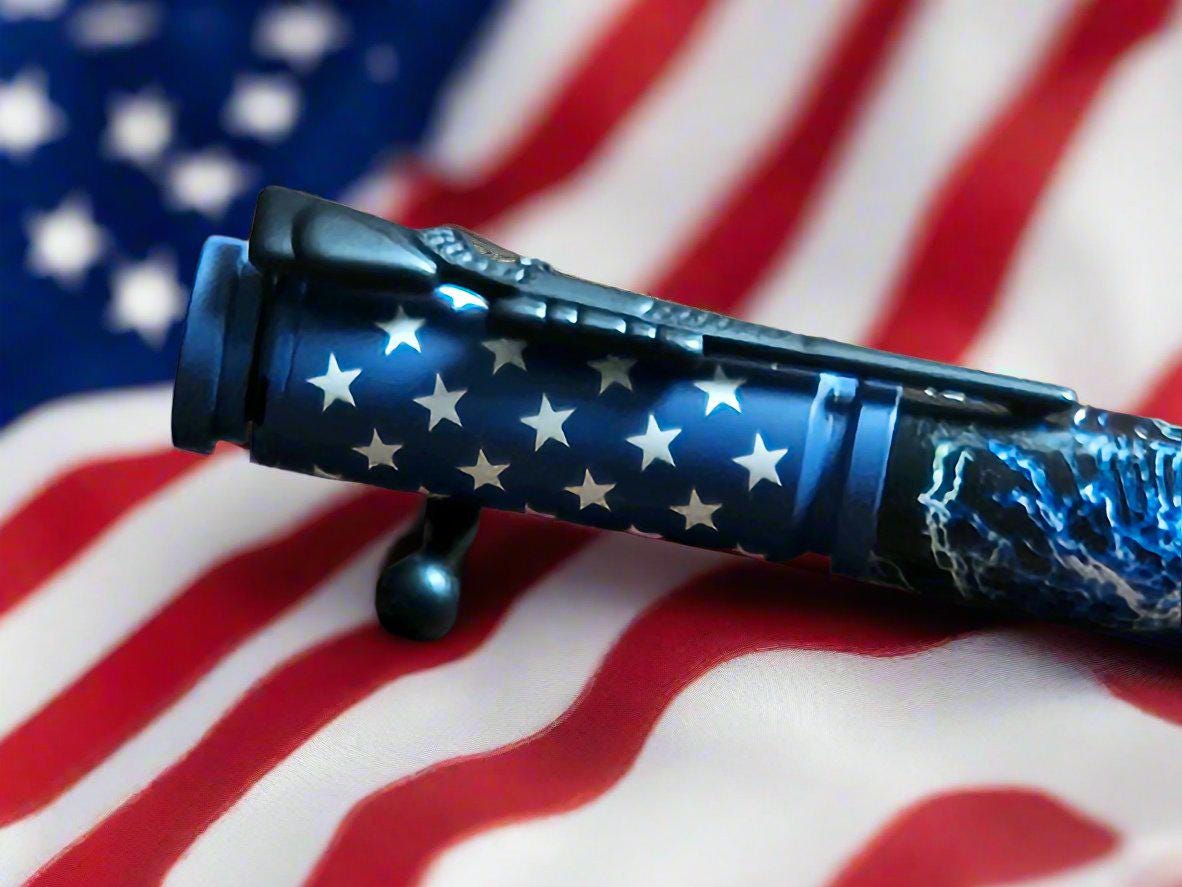 American Flag Pen with Lightning Bolt Design & Ceramic Pen Kit - Riffle Accent, Unique Gift for Patriotic Collectors