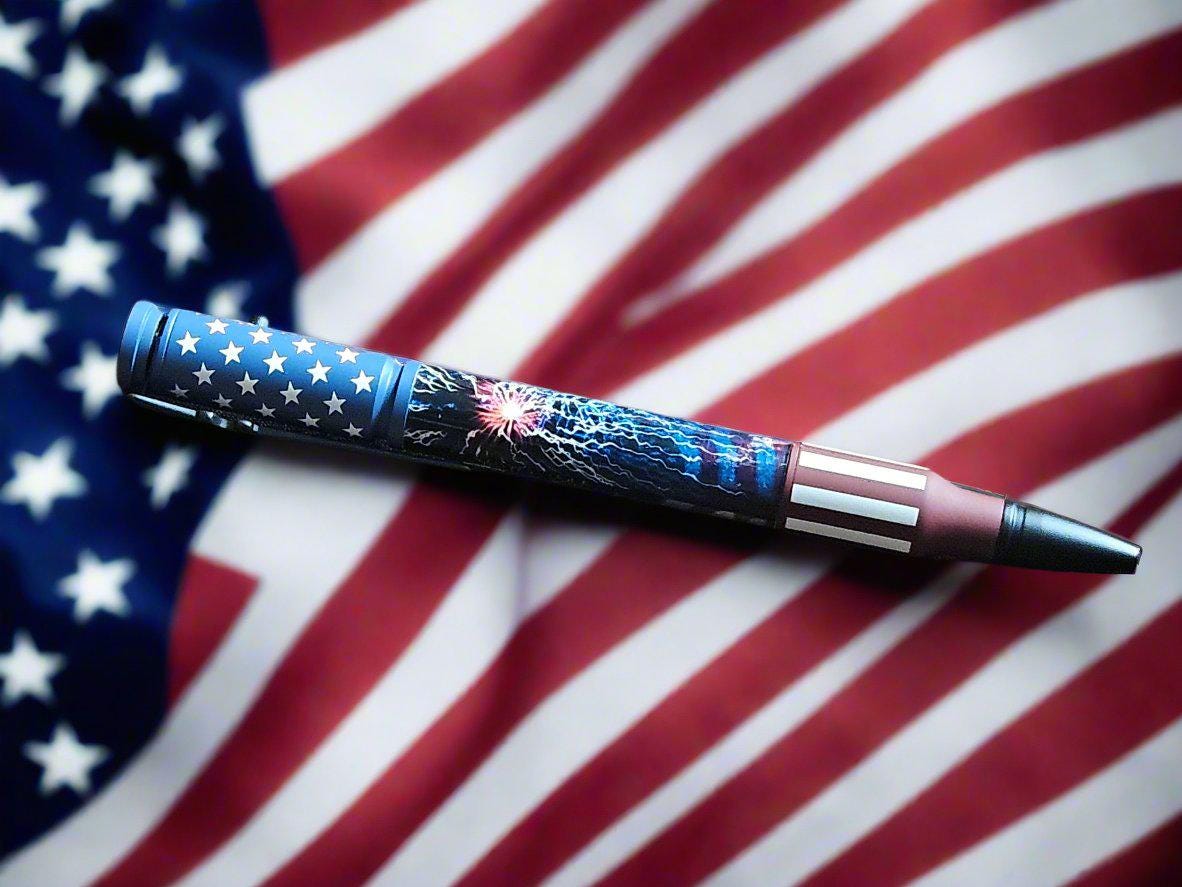 American Flag Pen with Lightning Bolt Design & Ceramic Pen Kit - Riffle Accent, Unique Gift for Patriotic Collectors