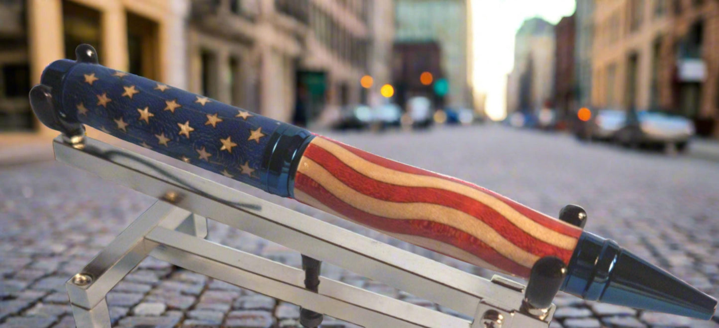 Patriotic Wooden American Flag Inlay Pen Featuring Holly and Bass Woods and a Royal Blue Titanium Pen Kit
