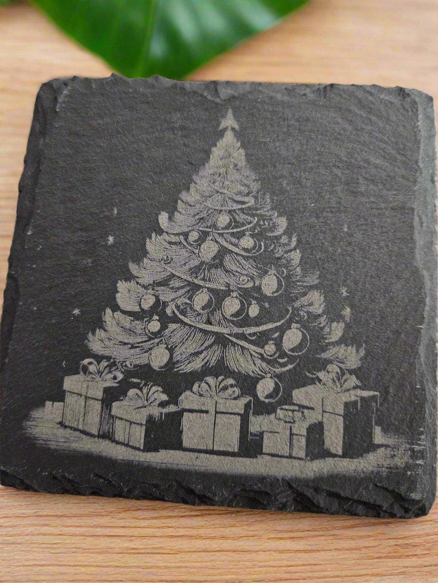 Slate Coasters Adorned with Christmas or Holiday Designs Set of 4 with Laser Etching