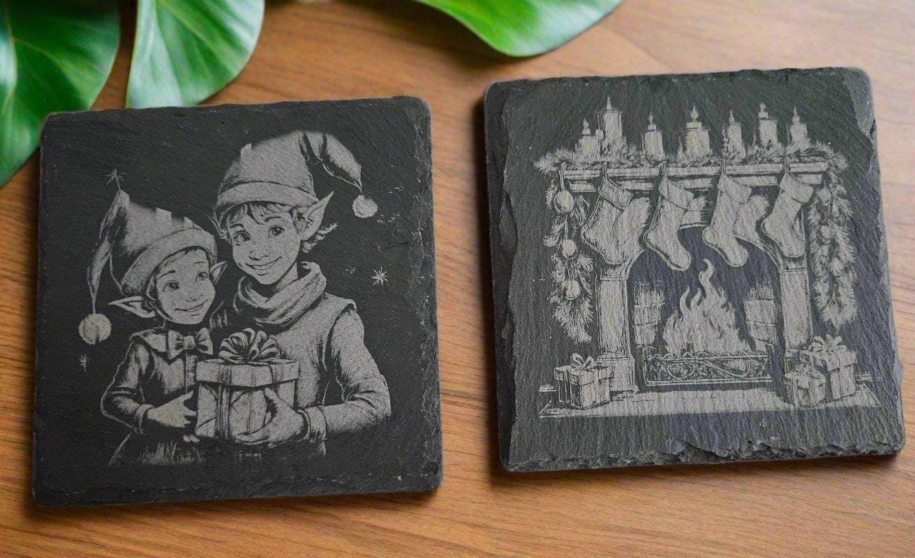 Slate Coasters Adorned with Christmas or Holiday Designs Set of 4 with Laser Etching