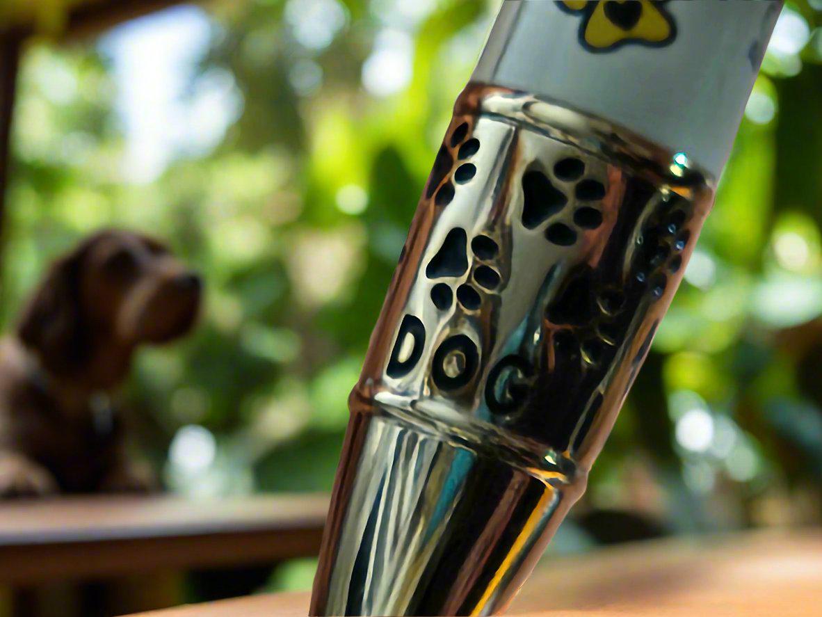 My Dog Loves Me Pen with a Gold Click Top Featuring a Dog Bone, a Dog Bowl, and Doggie Paw Prints