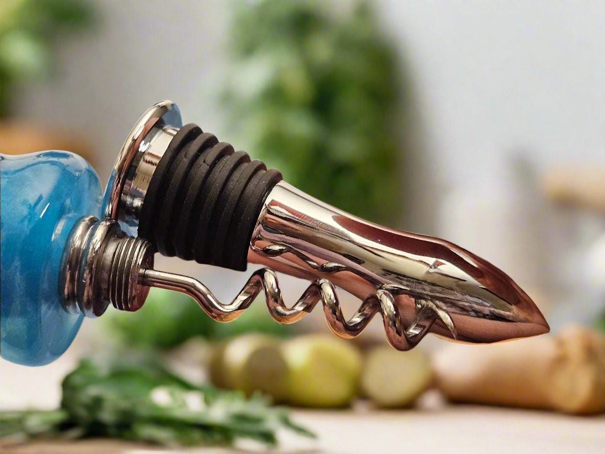 Botanical Bottle Stopper - Sky Blue Resin with Dried Daisy Flowers - Stainless Steel Corkscrew - Food-Safe Wine Seal