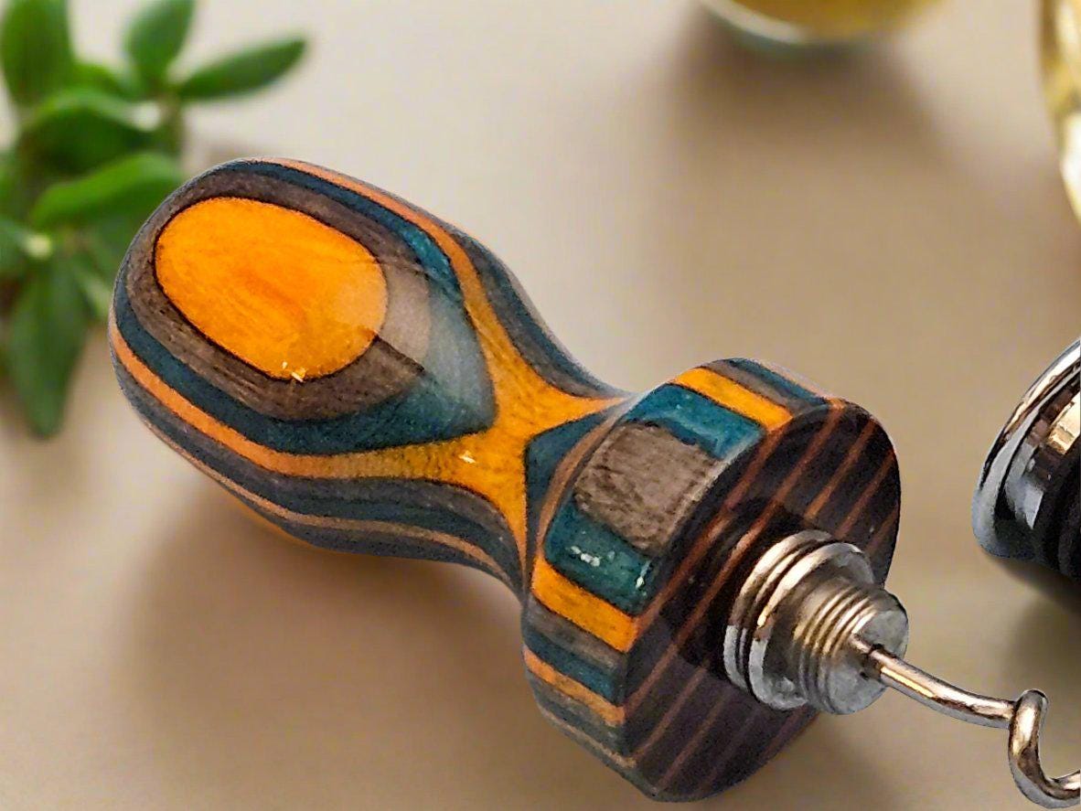 Spectra Ply Dyed Wooden Birch Laminate "Aqua Fire" Bottle Stopper with a Chrome Food-Safe Hidden Corkscrew Stopper