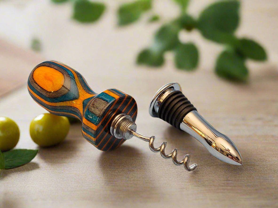 Spectra Ply Dyed Wooden Birch Laminate "Aqua Fire" Bottle Stopper with a Chrome Food-Safe Hidden Corkscrew Stopper