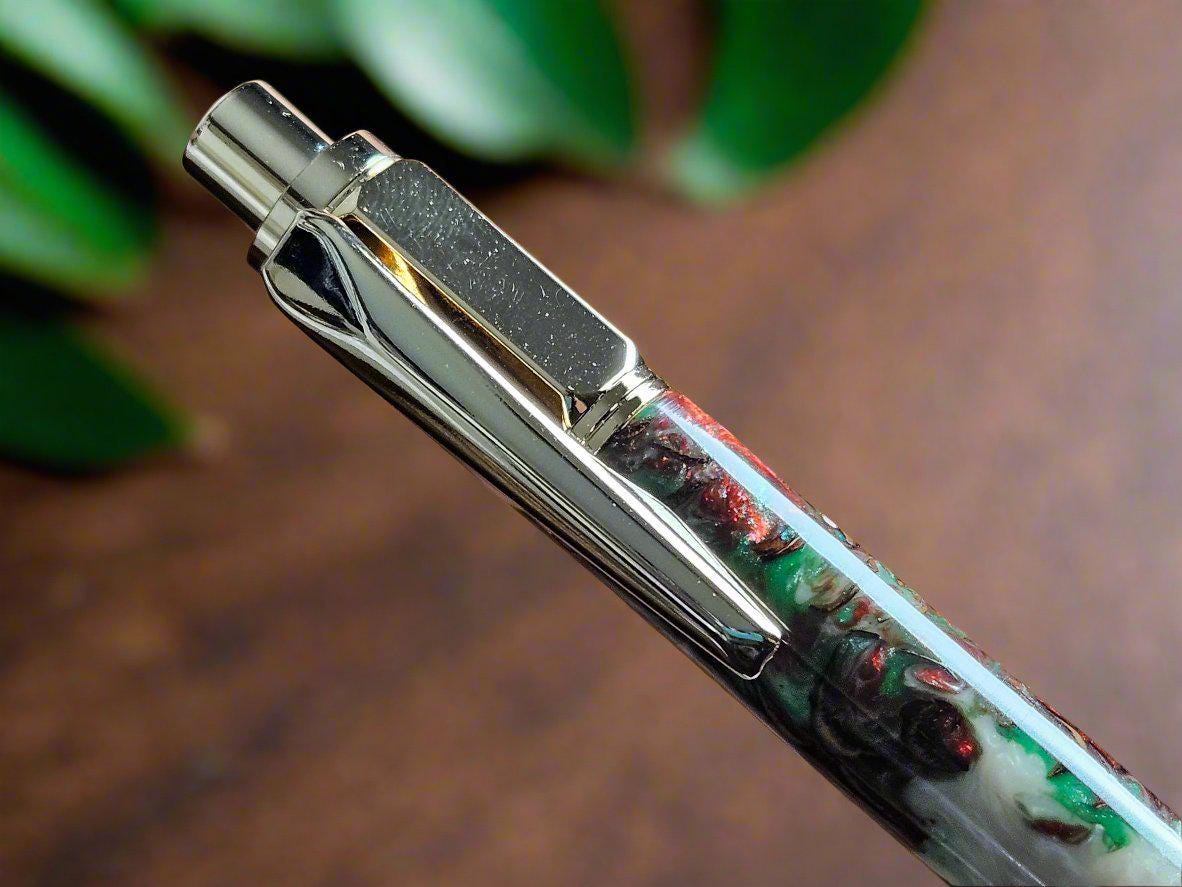 Christmas Colors Hexagonal Vertex Click Pen with Pinecones Swirled in Holiday Resin and Accompanied by a Gold Pen Kit