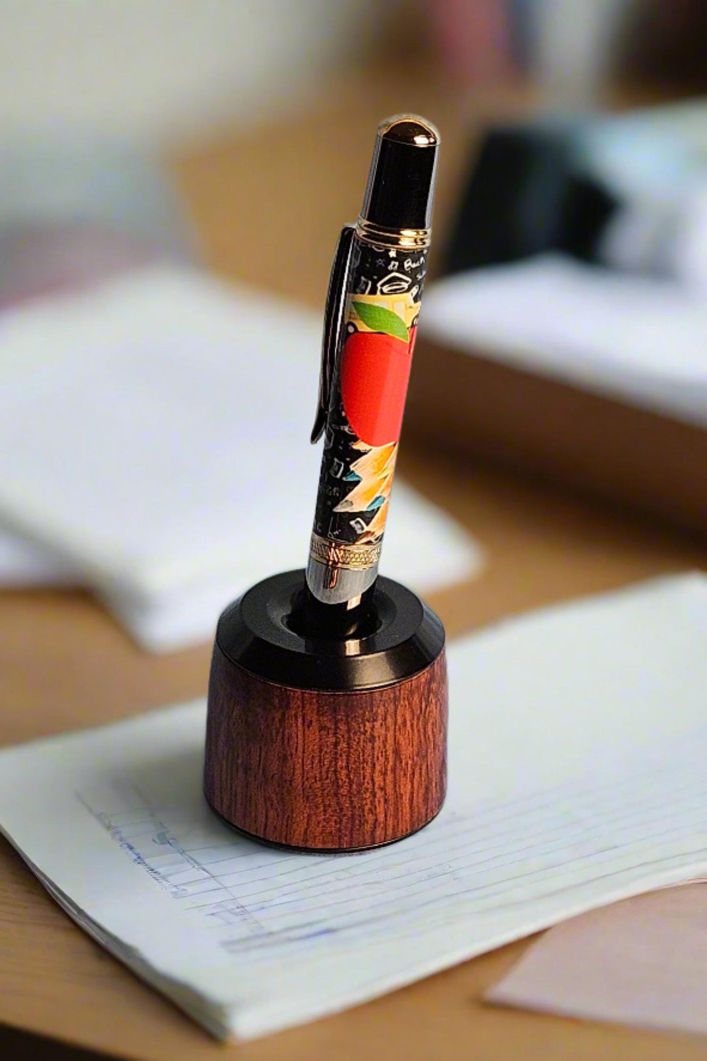 Bubinga Wooden Pen and Pencil Stand with a Sleek Black Enamel Cap