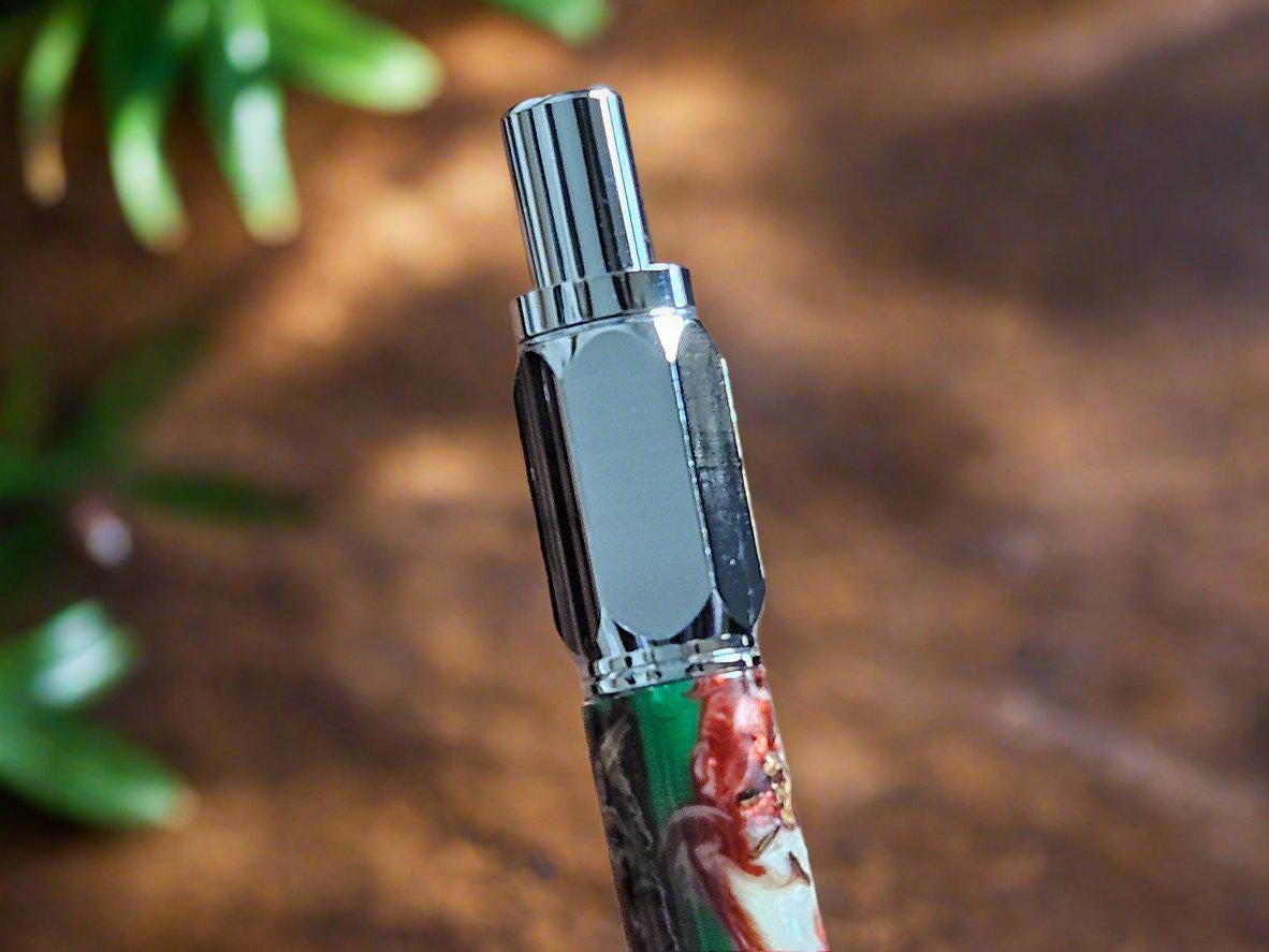Christmas Colors Hexagonal Vertex Click Pen with Pinecones Swirled in Holiday Resin and Accompanied by a Chrome Pen Kit