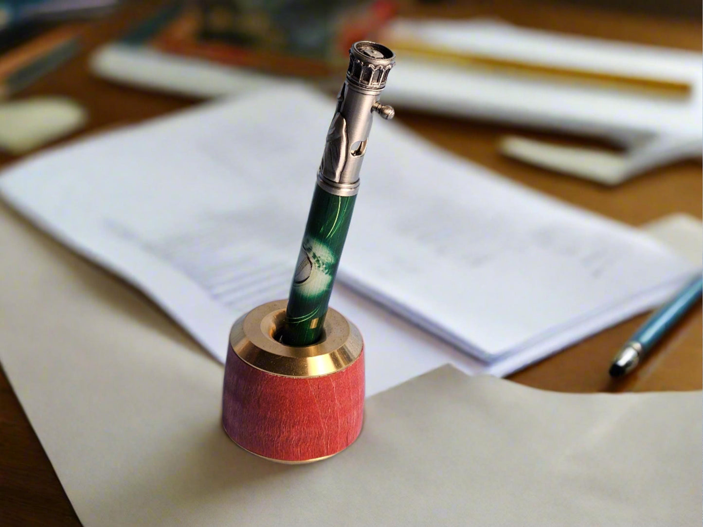 Curly Maple Red (Pink) Wooden Pen and Pencil Stand with a Classic Brass Cap