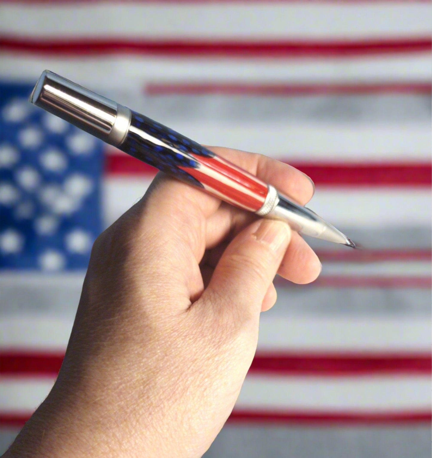Patriotic Blue Feather Pen - American Flag - Hand-Laid Blue Feathers with a Chrome Finish