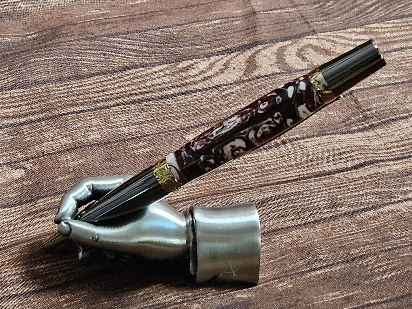 Red and White Swirl "Gisi Style" Pen with a Black Titanium Pen Kit and Gold Accents