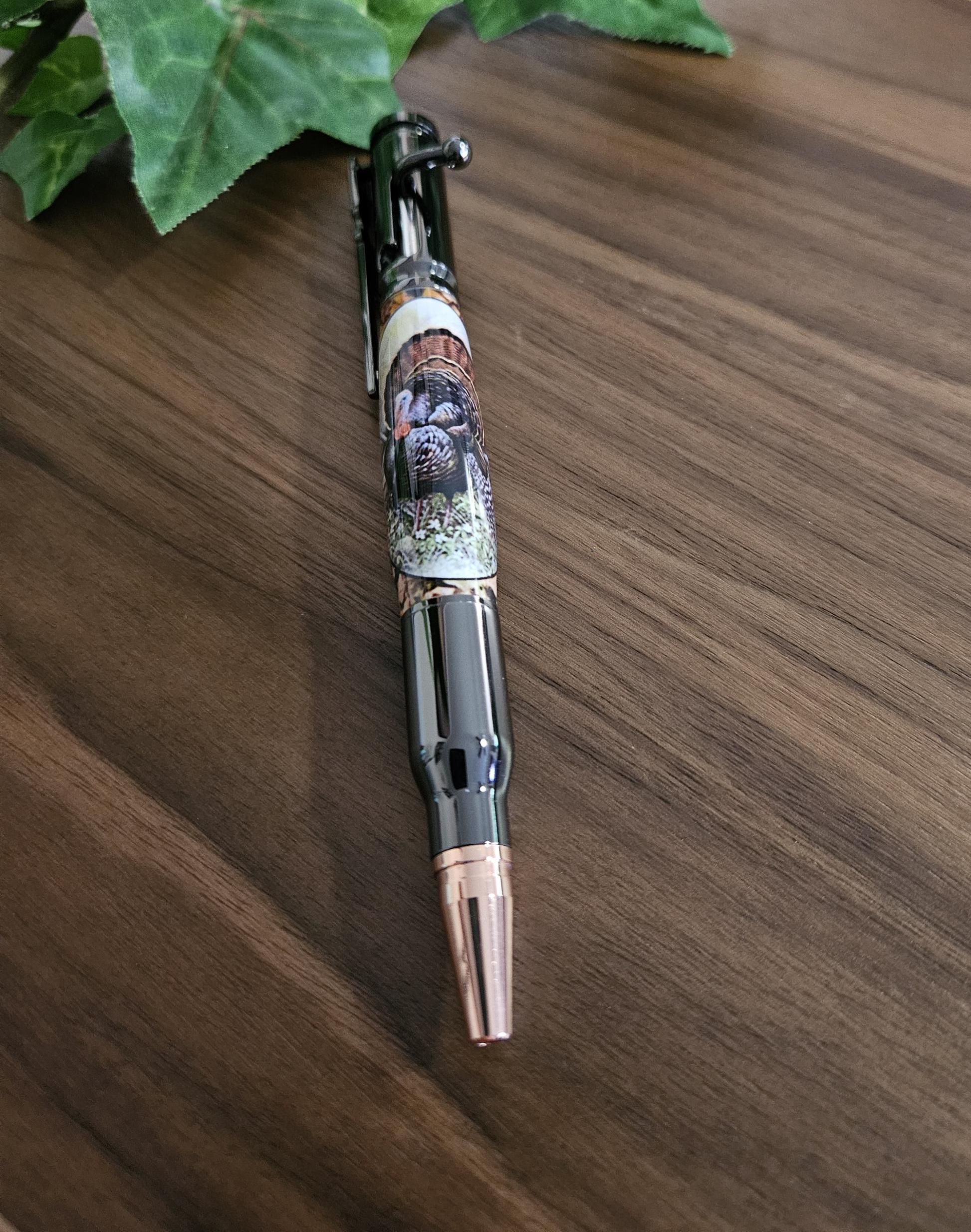 Refillable Ballpoint Pen, Turkey Hunters, Label Cast, Bolt Action, Hunters Rifle Clip, Gunmetal Accents, Fall Leaves, Outdoor Enthusiasts