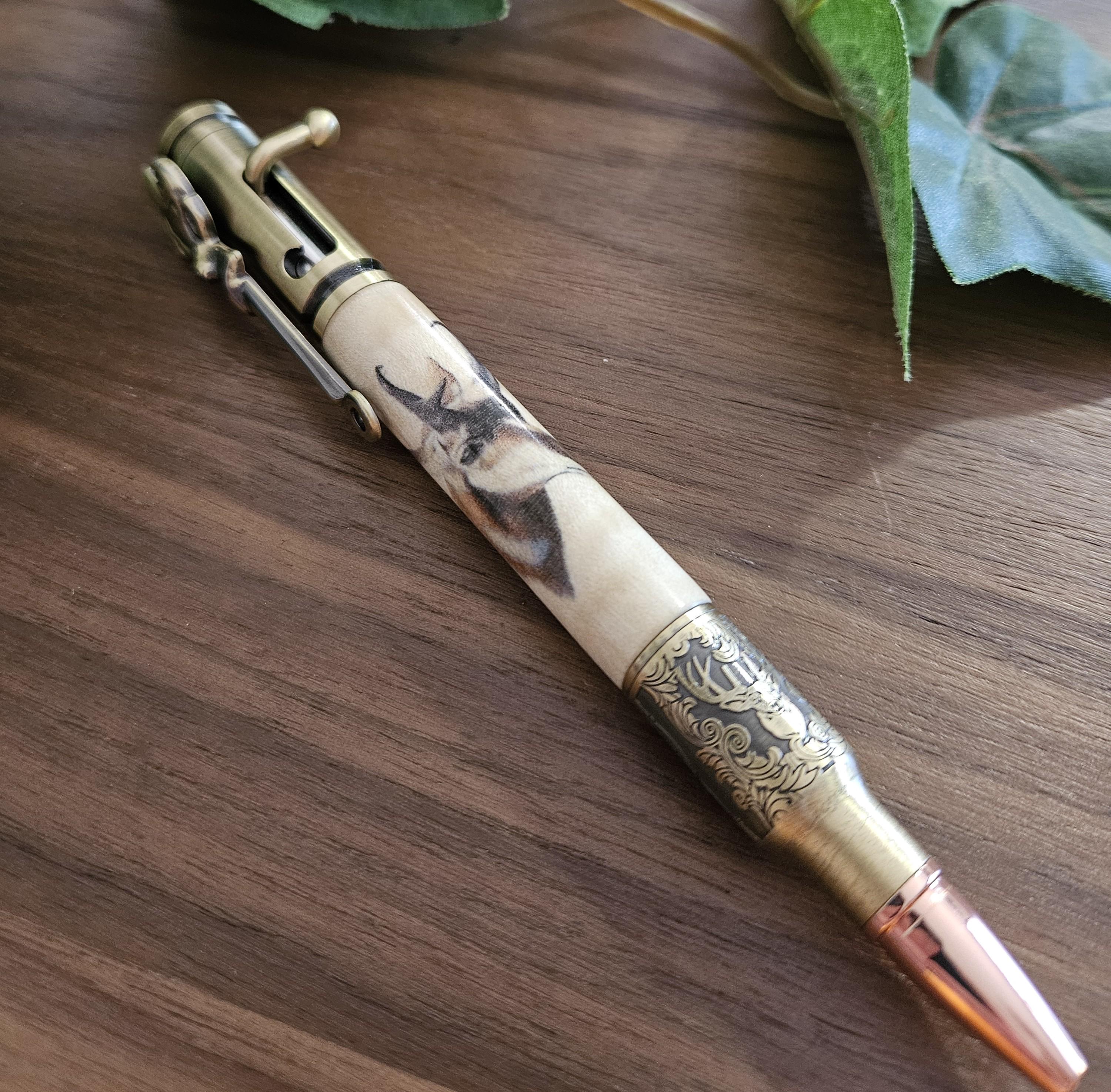 Refillable Ballpoint Pen, Wooden Pronghorn Deer Head Water Decal, Curly Maple Wood, Antique Brass Bolt Action, Deer Hunters Kit, Medium Tip