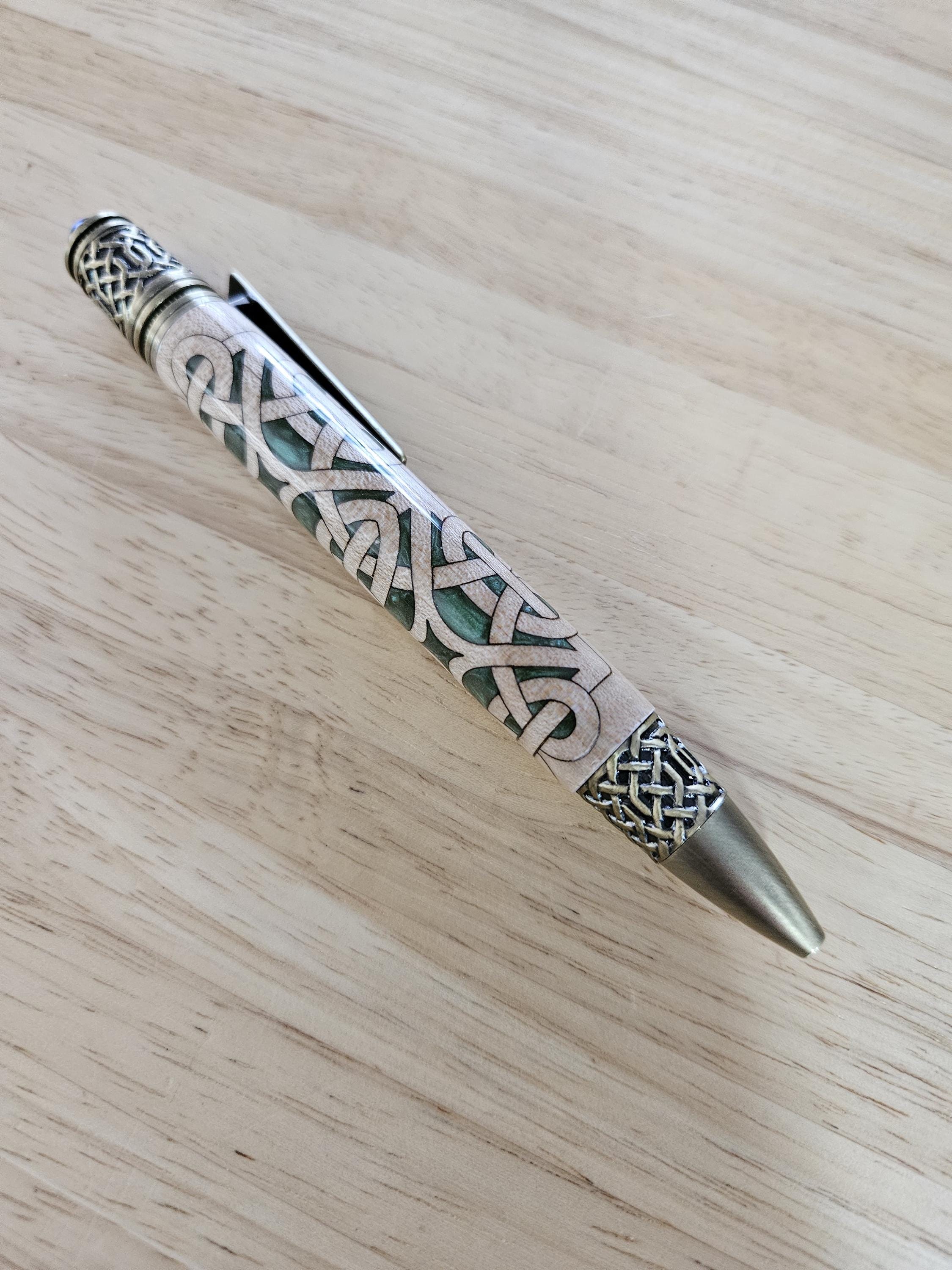 Refillable Twist-Style Pen, Celtic Scrollwork, Basswood, Antique Brass, Emerald Cabochon, Dark Green, Irish Symbol, Medium Tip, 1.6oz
