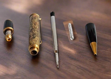 Gold and Copper Leaf Pen - Cast in Clear Resin with a Black Background & Antique Brass Accents and a Black Metal Powder Coated Pen Kit