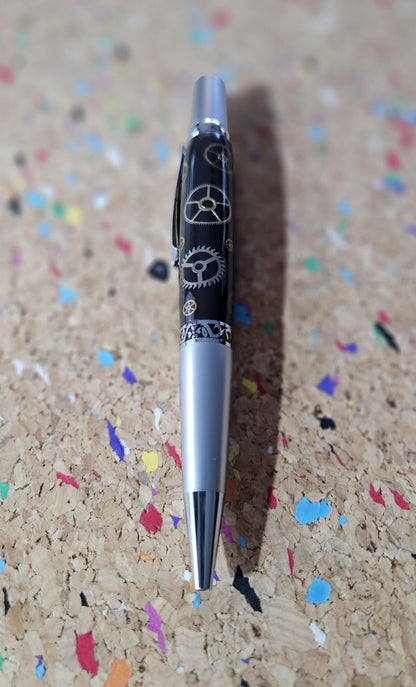 Authentic Clock Gears Pen | Black Background with Chrome & Gunmetal Kit