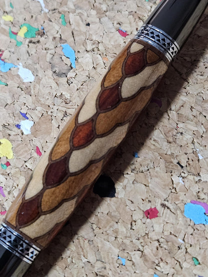 Cobb Brothers Scalloped Wooden Inlay Pen using Padauk, Mahogany, Maple, and Walnut Woods  and Adorned with a Gunmetal and Chrome Pen Kit