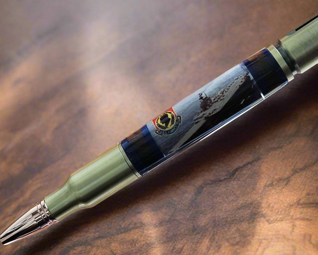 USS Forrestal Ship Pen with a Rifle Antique Brass Kit & Redwood Segmentations from Officer's Country - Unique Collectible Gift