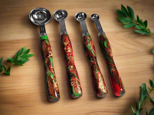 Glittery Christmas Colored Swirled Resin Measuring Spoons with Stainless Steel Scoops