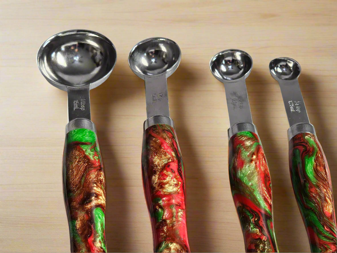 Glittery Christmas Colored Swirled Resin Measuring Spoons with Stainless Steel Scoops
