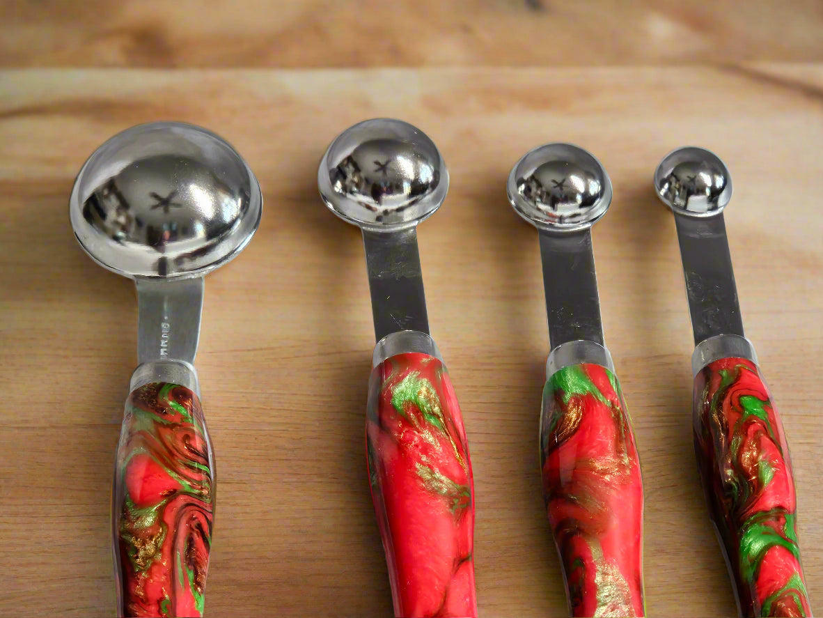 Glittery Christmas Colored Swirled Resin Measuring Spoons with Stainless Steel Scoops