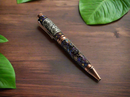 Purple Abalone Clockwork Pen with a Antique Copper Pen Kit and Hand-Place Clock Gears