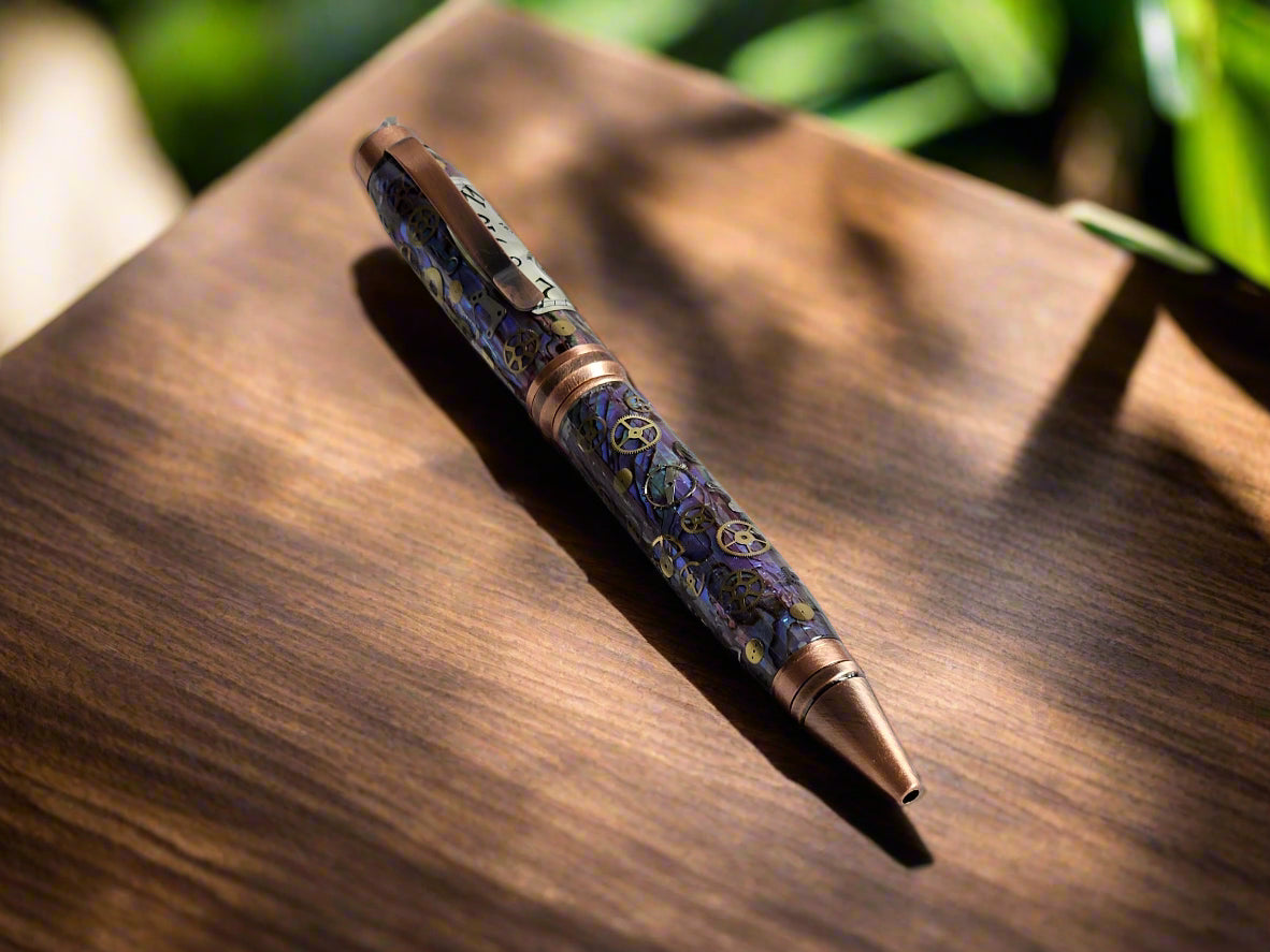 Purple Abalone Clockwork Pen with a Antique Copper Pen Kit and Hand-Place Clock Gears