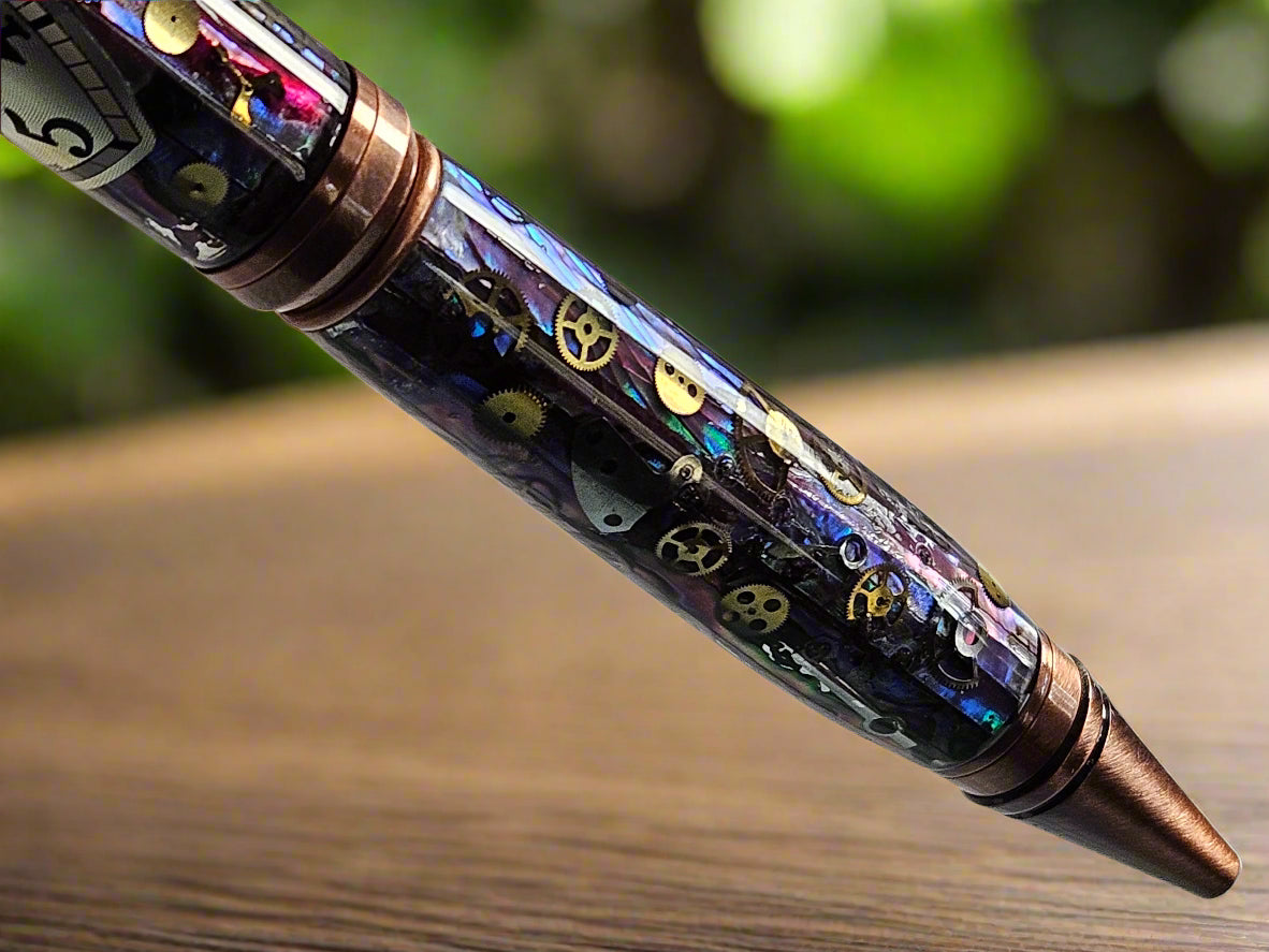 Purple Abalone Clockwork Pen with a Antique Copper Pen Kit and Hand-Place Clock Gears