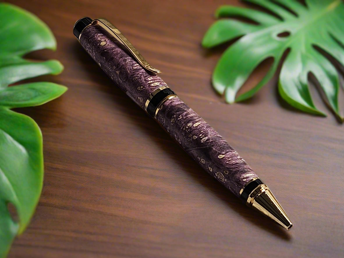 Box Elder Burl Purple Dyed Pen with a Gold Pen Kit and Black Accents