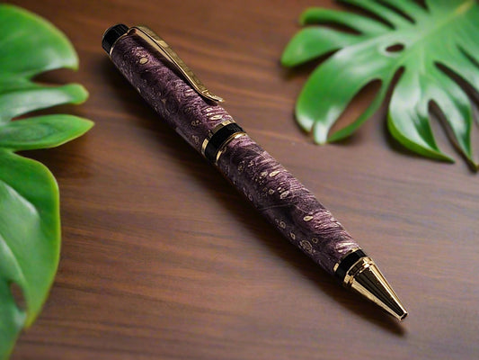Box Elder Burl Purple Dyed Pen with a Gold Pen Kit and Black Accents