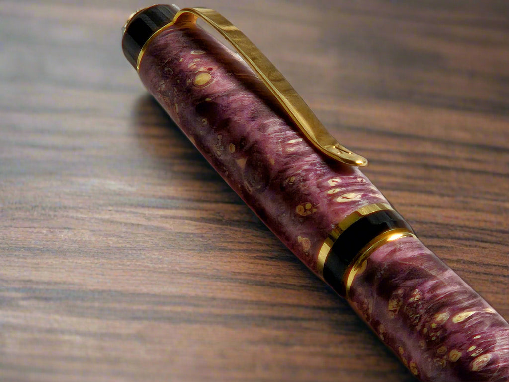 Box Elder Burl Purple Dyed Pen with a Gold Pen Kit and Black Accents