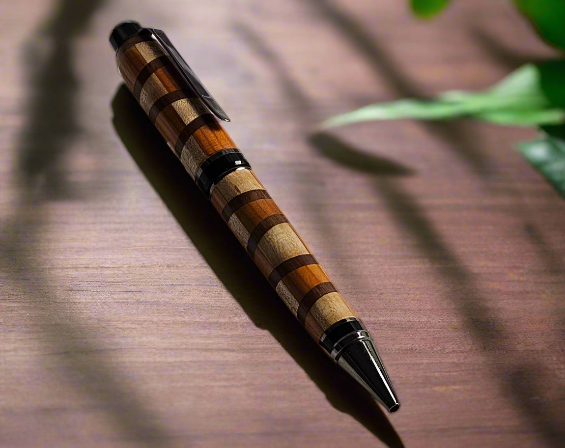 Segmented Wooden Pen, handcrafted from Cherry, Maple, and Walnut with a Gunmetal Pen Kit and Sleek Black Accents