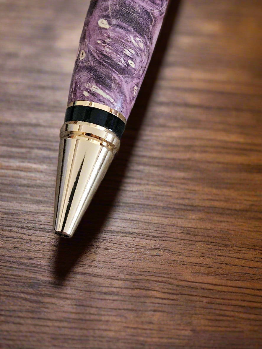 Box Elder Burl Purple Dyed Pen with a Gold Pen Kit and Black Accents