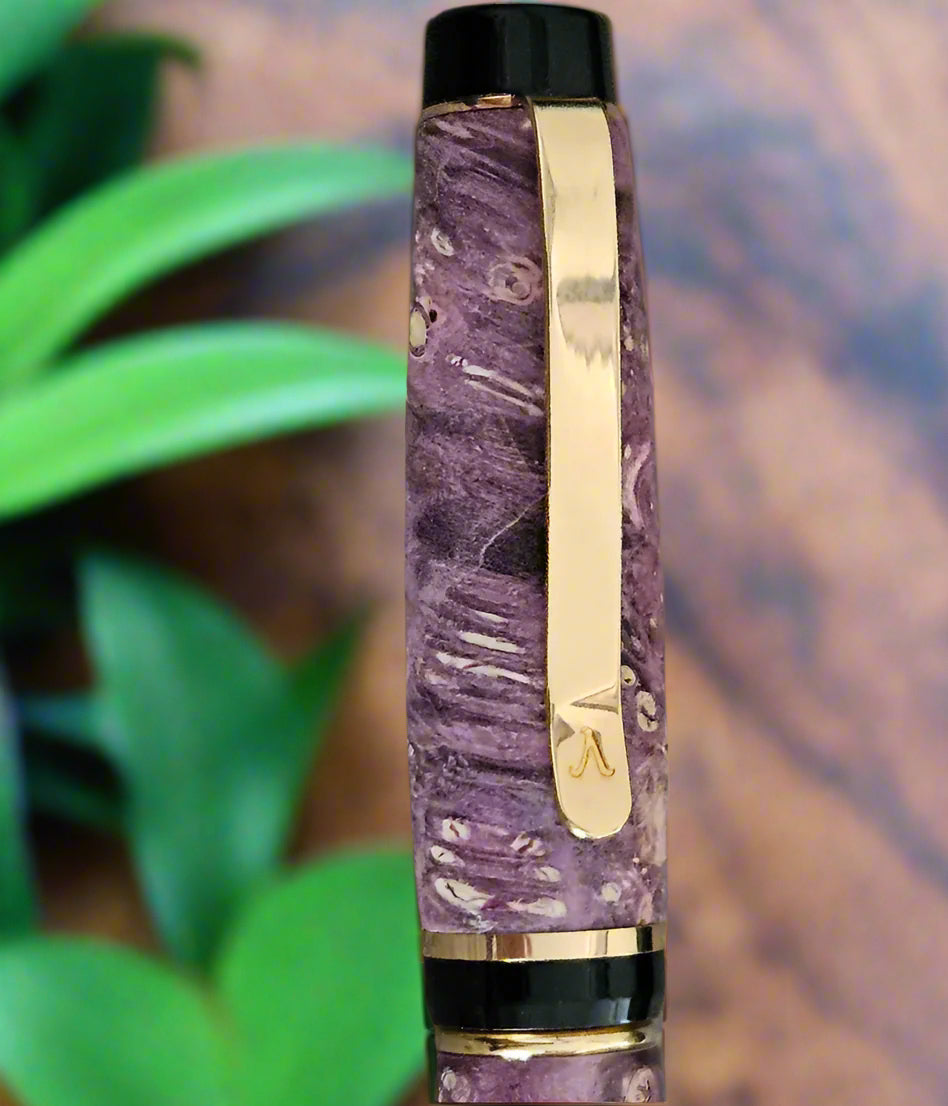 Box Elder Burl Purple Dyed Pen with a Gold Pen Kit and Black Accents