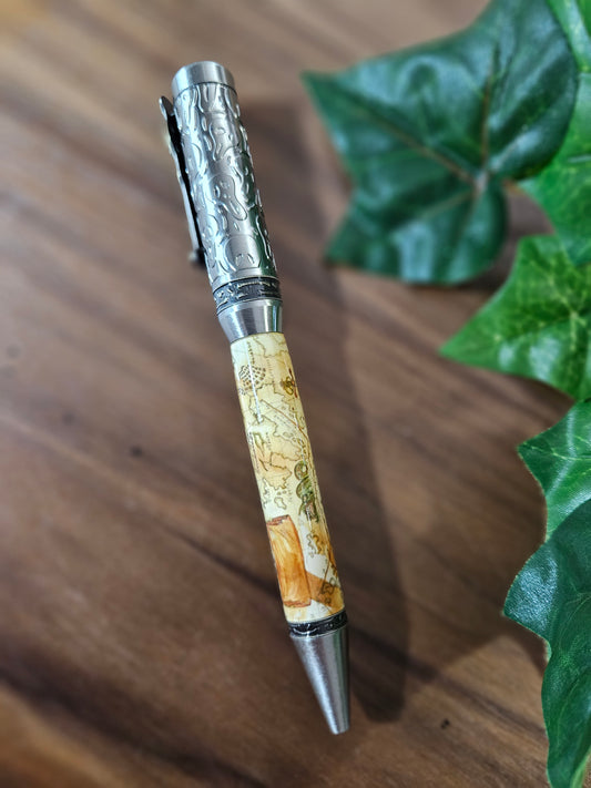 Pirate Map Label Cast Pen with Sliver Pirate, Ghost, and Skulls Pen Kit with Antique Bronze Accents