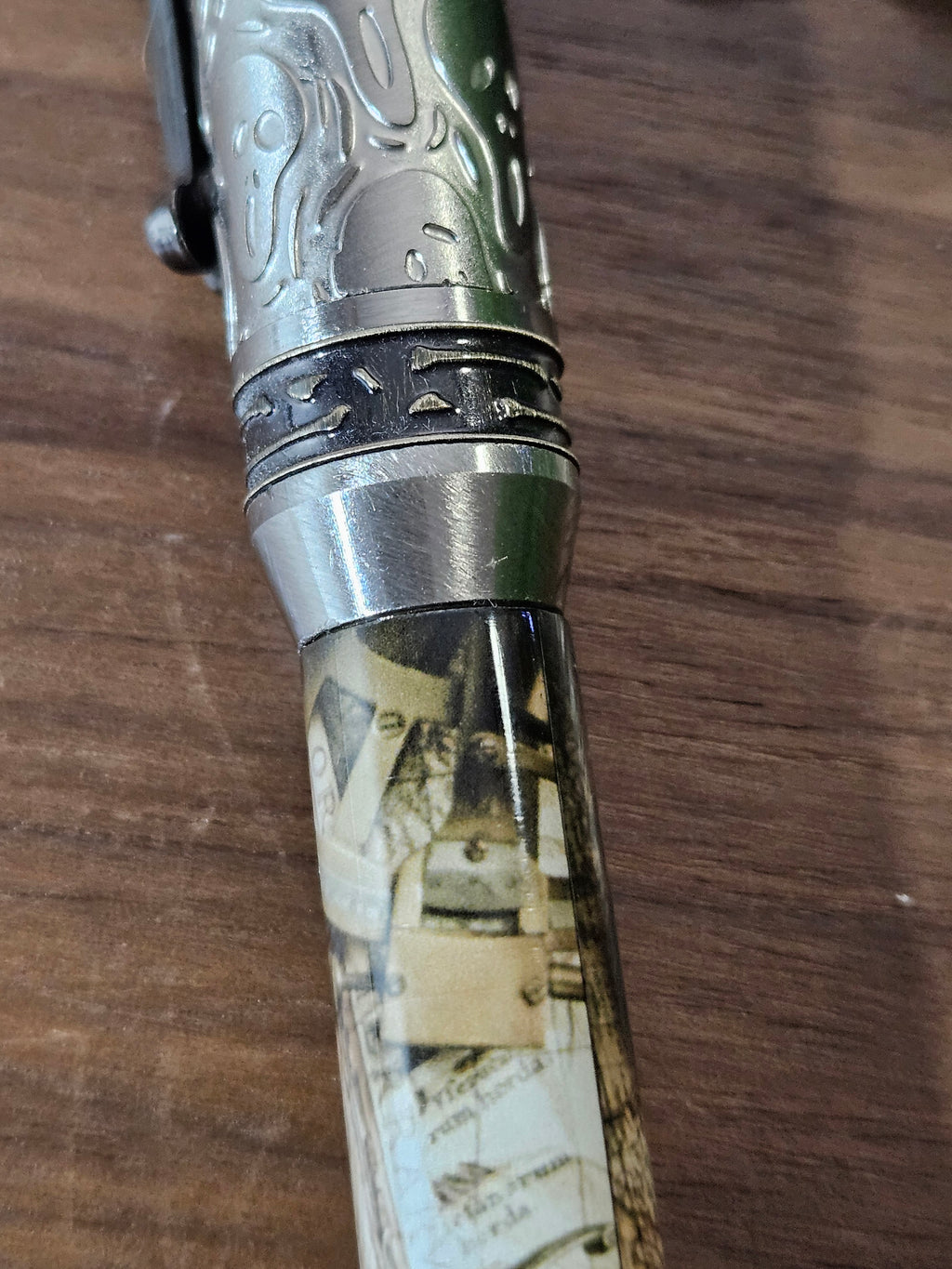 Pirate Map on a Navigation Table with a Compass Label Cast Pen with Sliver Pirate, Ghost, and Skulls Pen Kit with Antique Bronze Accents