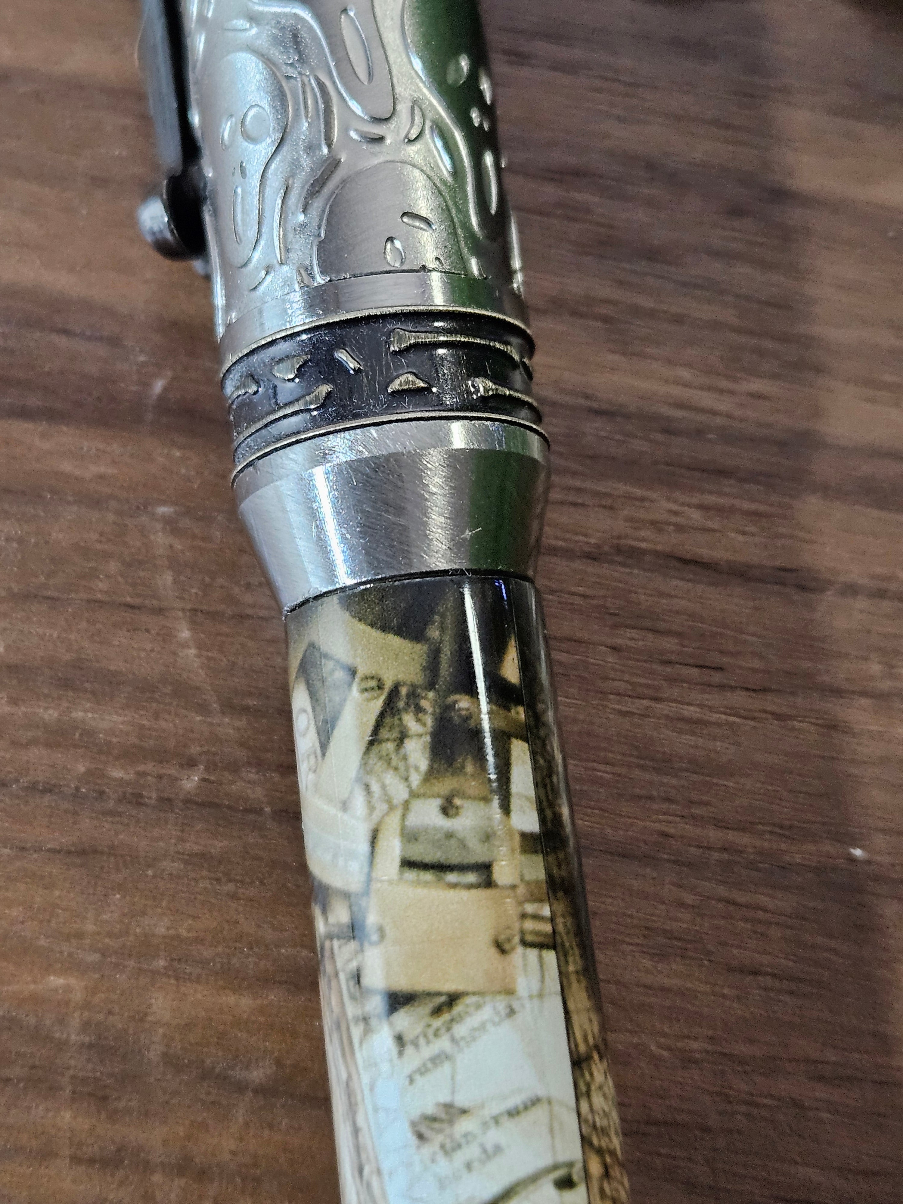 Pirate Map on a Navigation Table with a Compass Label Cast Pen with Sliver Pirate, Ghost, and Skulls Pen Kit with Antique Bronze Accents