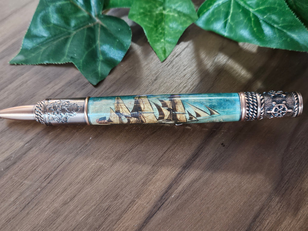 Nautical Pen Kit with an Antiqued Sailing Ship Label Cast and an Antique Copper Finish