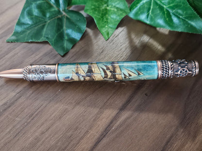 Nautical Pen Kit with an Antiqued Sailing Ship Label Cast and an Antique Copper Finish
