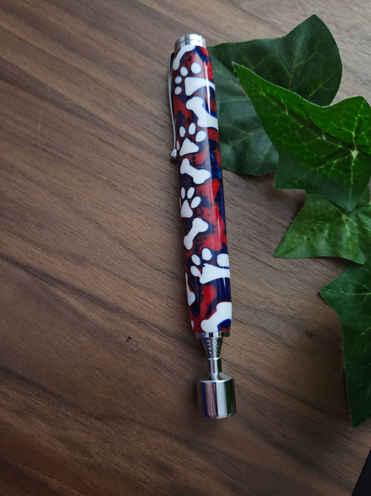 Magnetic Telescoping (Extendable) Pickup Tool Featuring White Dog Bones and Puppy Paws on a Background of Glittery Red and Blue with a Chrome Kit