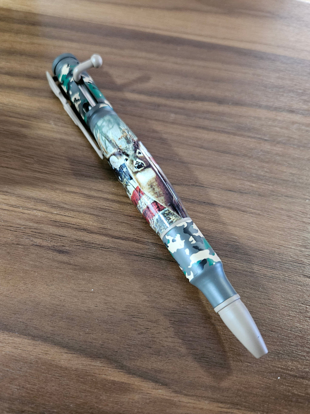 Deer Hunter Camouflage Bolt Action Pen with Deer and American Flag Label Cast with a Rifle Pen Kit