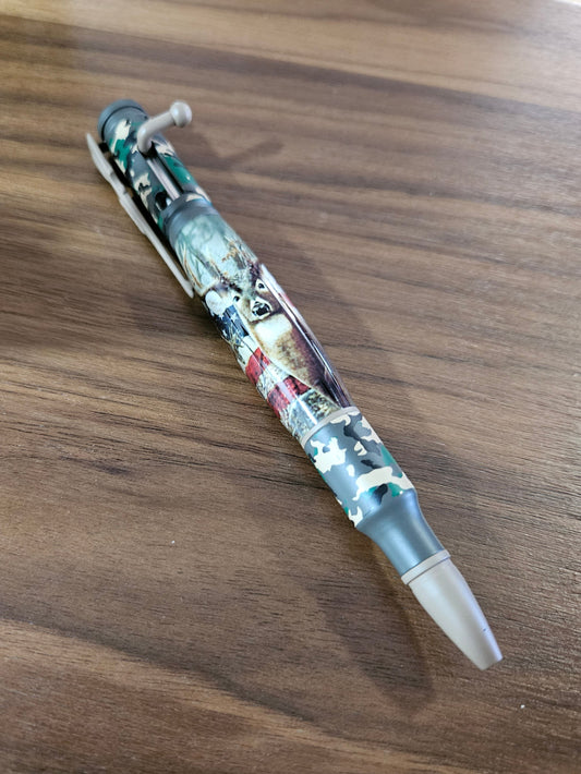 Deer Hunter Camouflage Bolt Action Pen with Deer and American Flag Label Cast with a Rifle Pen Kit