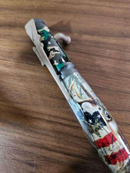 Deer Hunter Camouflage Bolt Action Pen with Deer and American Flag Label Cast with a Rifle Pen Kit
