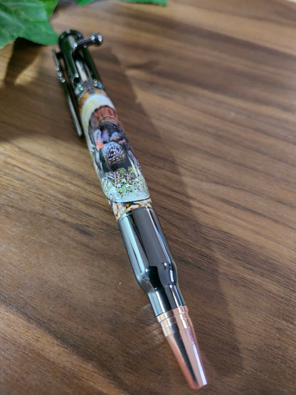 Turkey Hunters Label Cast Bolt Action Rifle Pen with a Gunmetal Pen Kit & Fall Leaves Background - Unique Gift for Outdoor Enthusiasts